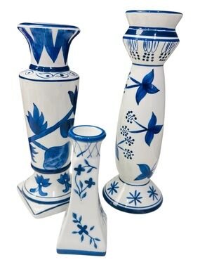 Blue & White Chinoiserie Hand Painted Ceramic Candlestick Holders Set of 3